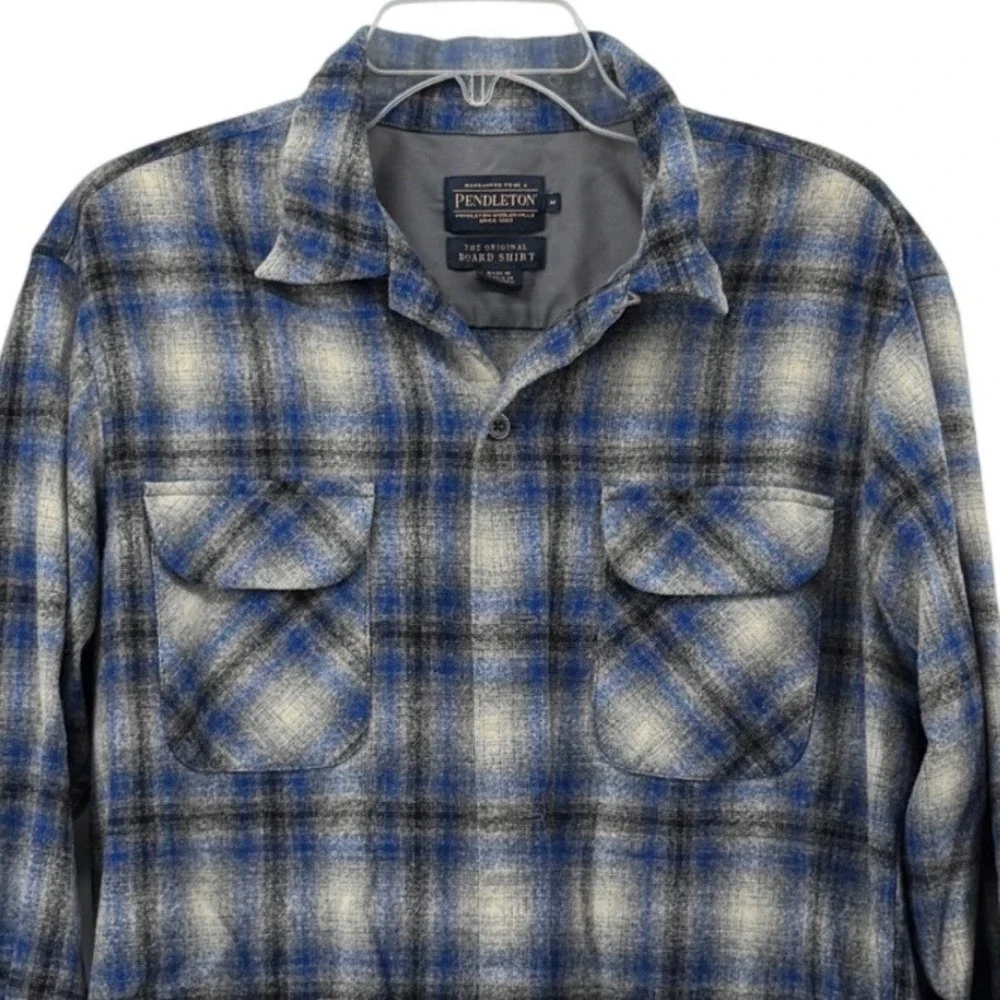 Pendleton Board Shirt Men Medium Blue Grey Plaid 100% Virgin Lace Wool Button Up - Picture 3 of 9
